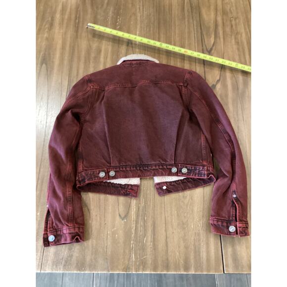 Hudson Faux Shearling shrunken Lola Trucker Jacket  burgandy cotton denim XS - Picture 9 of 9